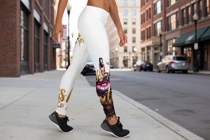 Kiss My Couture Leggings featuring bold lip graphic and glittery gold text, designed for activewear comfort with four-way stretch fit.