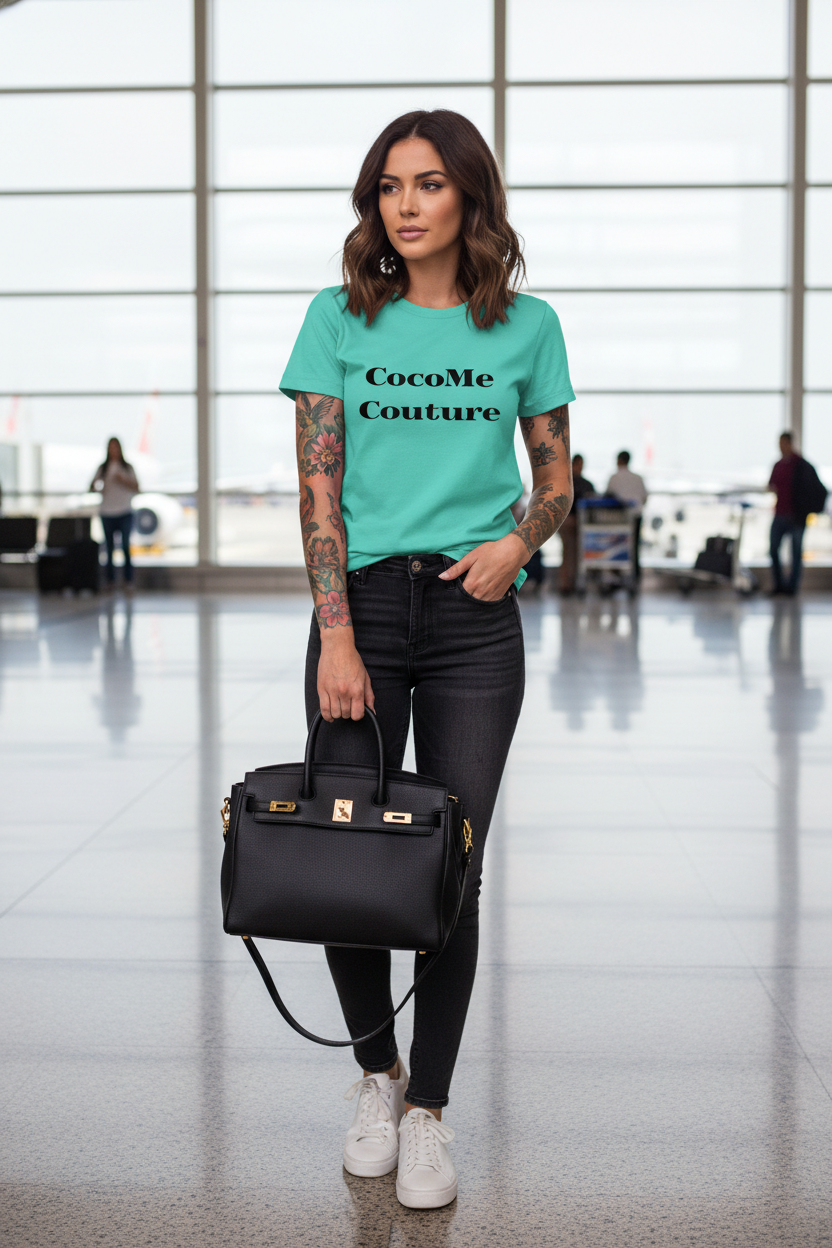 Woman in a turquoise t-shirt with 'CocoMe Couture' text, holding a black handbag in an airport.