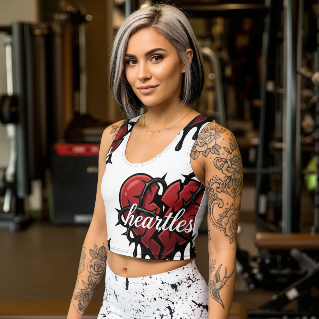 Women wearing Cocome Couture Heartless Crop Top with a bold heart print, ideal for streetwear and activewear.