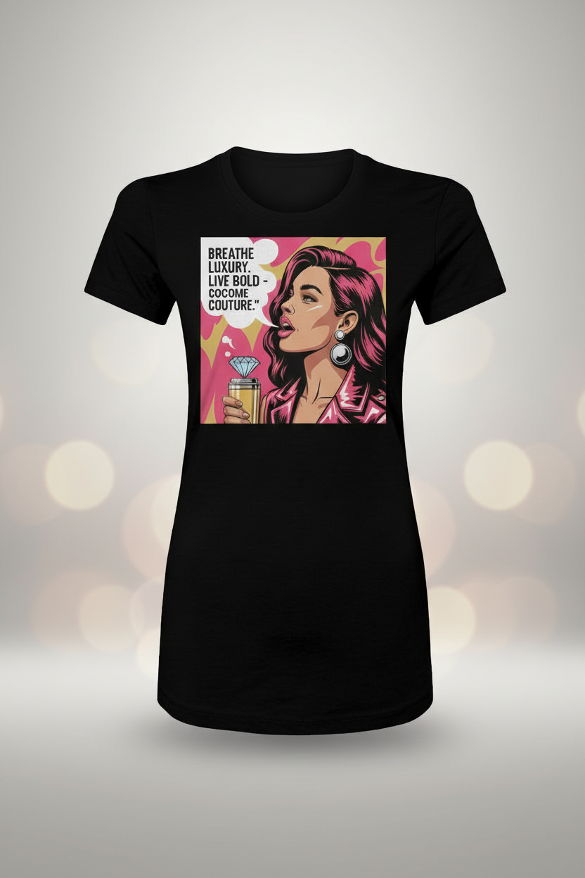 Breathe Luxury slim fit black tee for women with pop art graphic featuring a stylish woman and bold brand text.