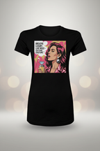 Breathe Luxury slim fit black tee for women with pop art graphic featuring a stylish woman and bold brand text.
