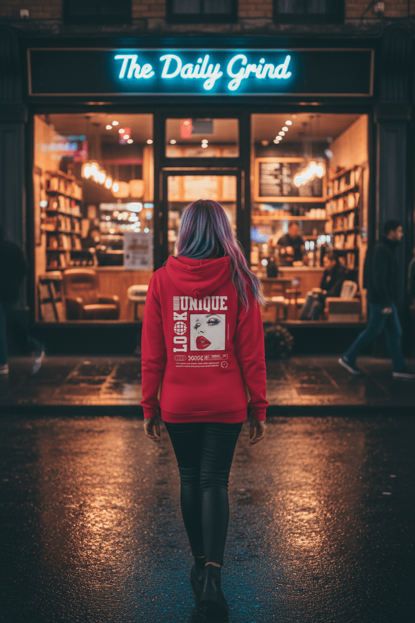 Person wearing a red hoodie with 'The Daily Grind' neon sign in the background