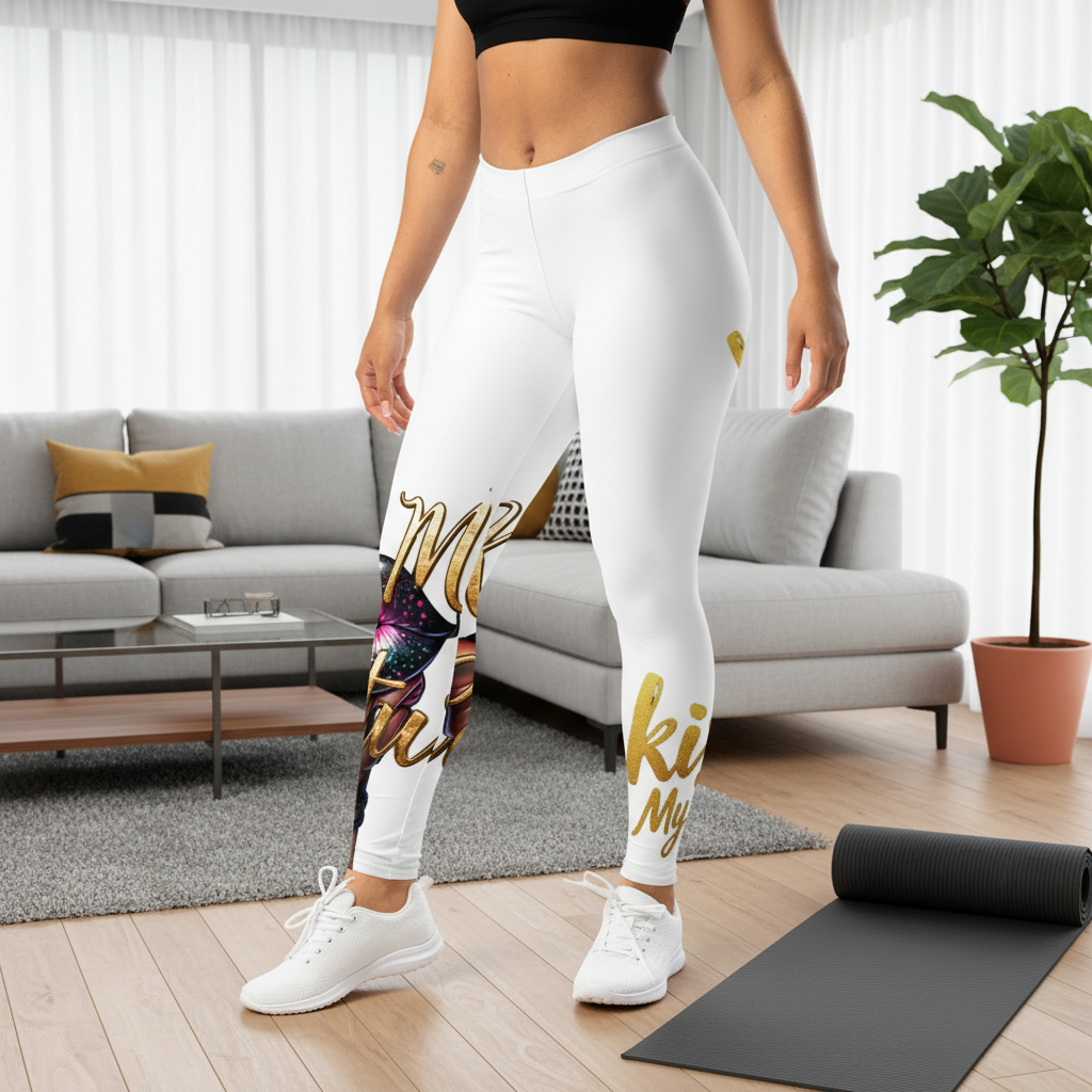 Person wearing white leggings with gold text in a living room setting