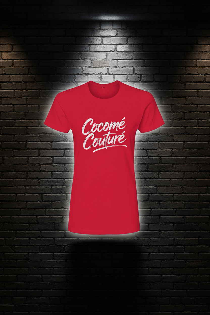 Red t-shirt with 'Cocomé Couture' text on a dark background