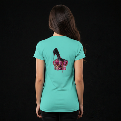 woman wearing a shirt with heel in crown