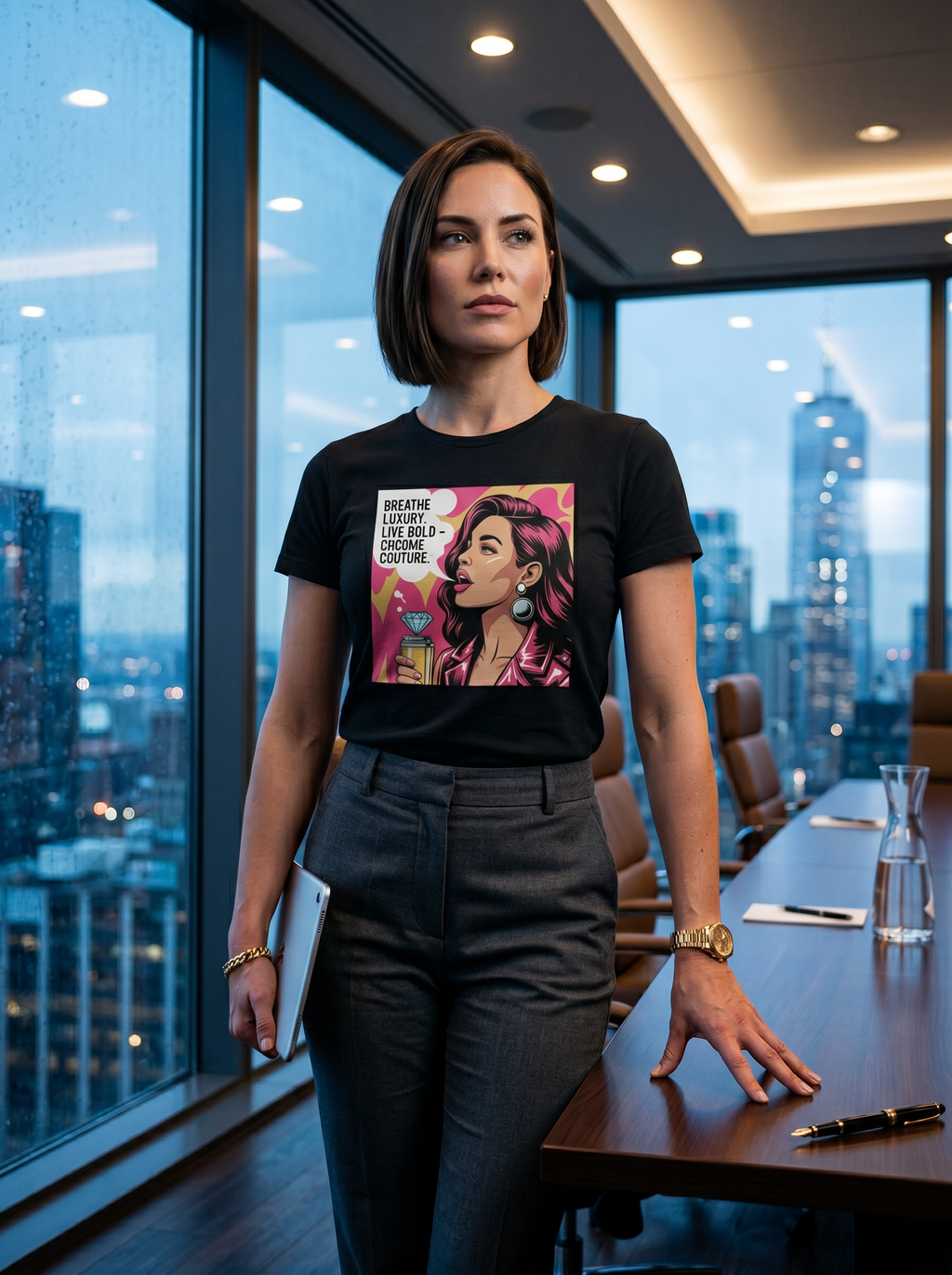 Woman in a black Cocome Couture Women's Slim Fit T-Shirt, grey pants, holding a tablet in a modern office.