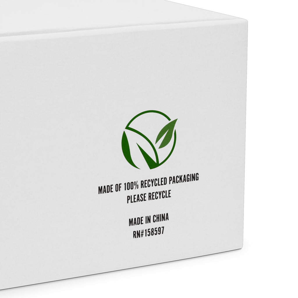 Close-up of white 100% recycled packaging for I Been Her Women's high top canvas sneakers showing eco-friendly labels.