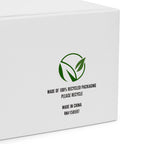 Close-up of white 100% recycled packaging for I Been Her Women's high top canvas sneakers showing eco-friendly labels.