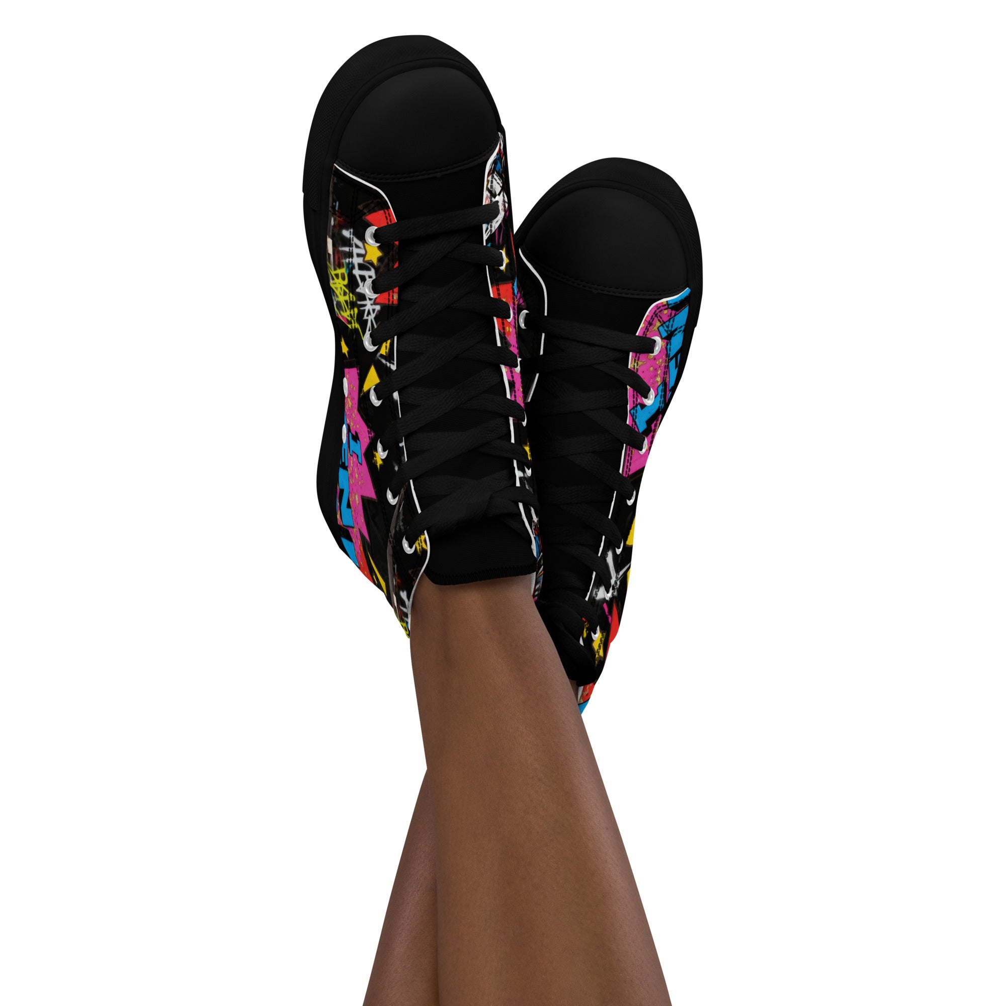 Top view of I Been Her women's high top canvas sneakers by Cocome Couture with colorful graffiti graphics and black laces.