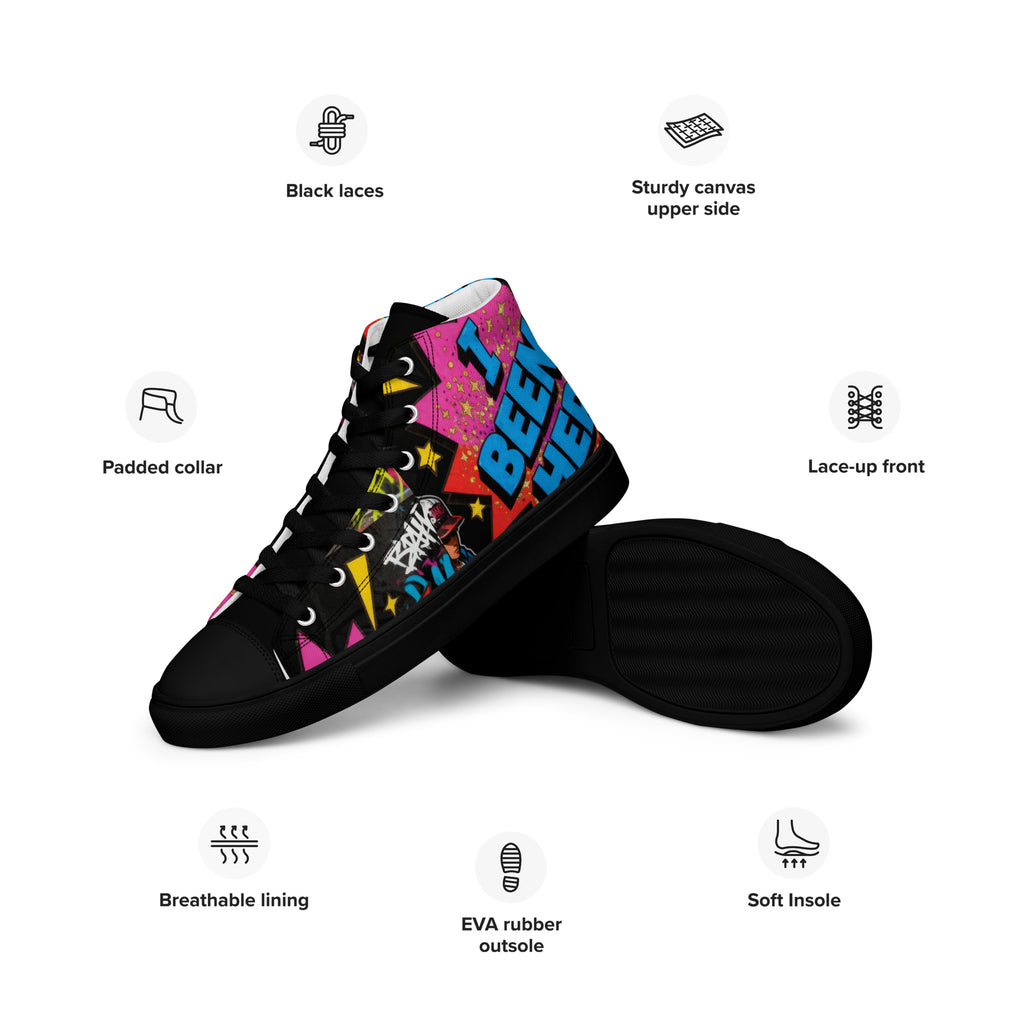 I Been Her Women's Canvas High Top Sneakers featuring infographics for padded collar, soft insole, and EVA rubber outsole.