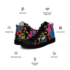 Women's graffiti print high top canvas sneakers with feature callouts for padded collar, soft insole, and EVA outsole.