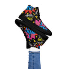 I Been Her women's high top canvas sneakers by Cocome Couture with colorful graffiti print and black rubber soles.