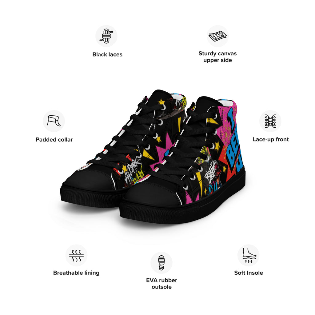 I Been Her women's high top canvas sneakers by Cocome Couture with infographic showing technical features.