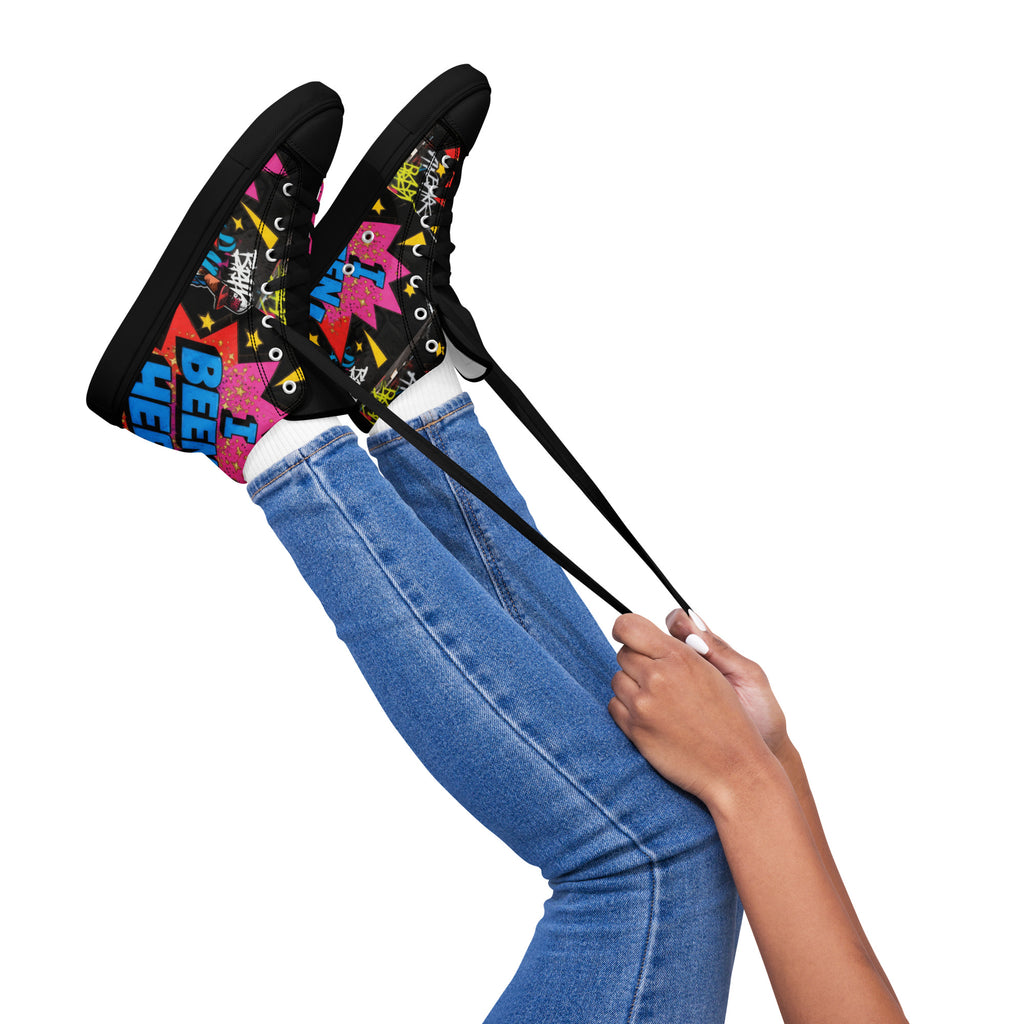 Lifestyle view of I Been Her Women's High Top Canvas Sneakers by Cocome Couture with colorful graffiti-style design.